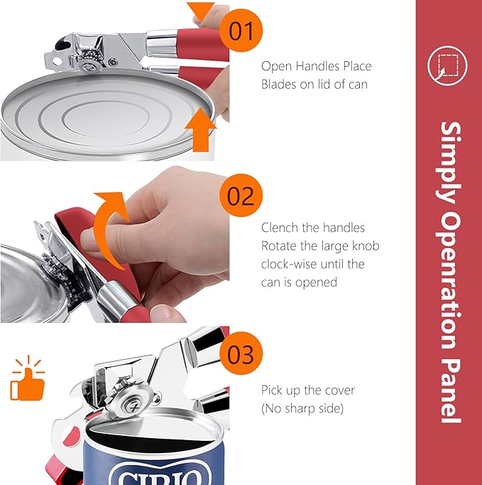 Can Opener,Professional 3-In-1 Multifunctional Manual Can Openers Bottle Opener,Kitchen Durable Stainless Steel Heavy Duty Can Opener Smooth Edge for Kitchen Seniors Friendly - Image 6