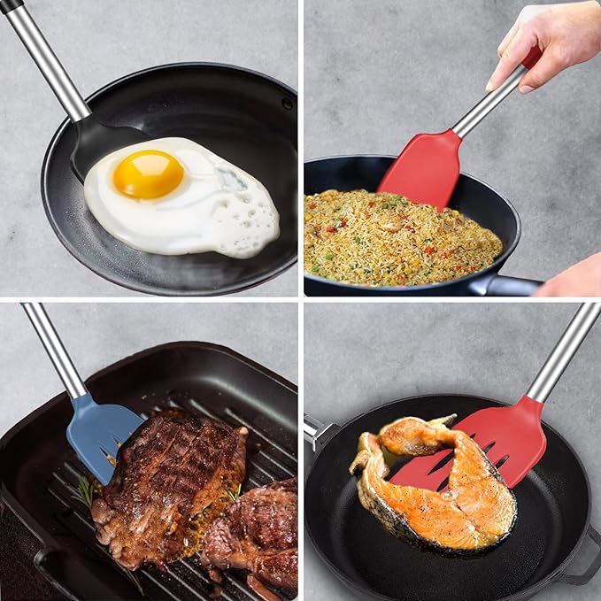 Silicone Spatula and Cooking Spoon,5 Pack Solid & Slotted Spoons and Spatulas High Heat resitant for Kitchen, Stainless Steel Handle Coated with Silicone, Non Stick Utensil, Starry blue - Image 8