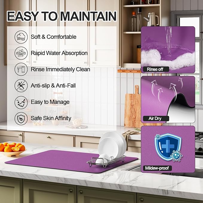 Ecotrim - Dish Drying Mat for Kitchen Counter | Coffee Bar Mat for Countertops | Heat Resistant Drainer Mat with Non-slip Rubber Backed | Hide Stain Kitchen Absorbent Draining Mat | Purple 18"x32" - Image 3