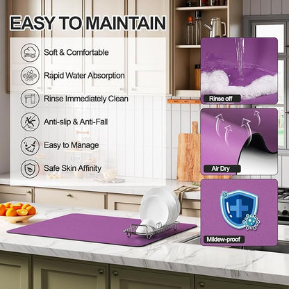 Ecotrim - Dish Drying Mat for Kitchen Counter | Coffee Bar Mat for Countertops | Heat Resistant Drainer Mat with Non-slip Rubber Backed | Hide Stain Kitchen Absorbent Draining Mat | Purple 16"x20" - Image 3