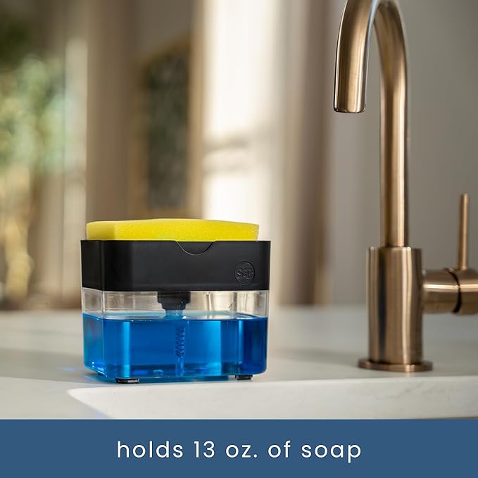 S&T INC. Dish Soap Dispenser and Sponge Holder for Kitchen Sink with Enhanced Features, Sponge Included, 13 Ounces, Matte Black - Image 5
