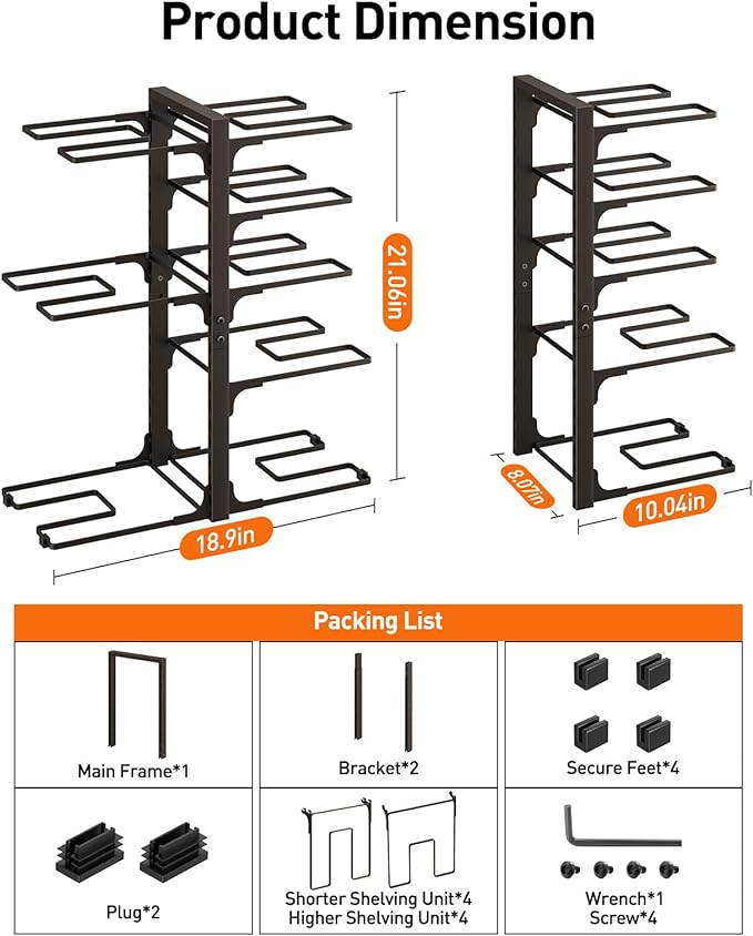 ORDORA Pots and Pans Organizer under Cabinet, 20.8" Height Heavy Duty 120LBS Pots Pans Organizer Rack for Cabinet 8-Tier Adjustable for Big Stockpots, Dutch Oven, Cast-iron Pan, Heavy Cookware, Bronze - Image 3
