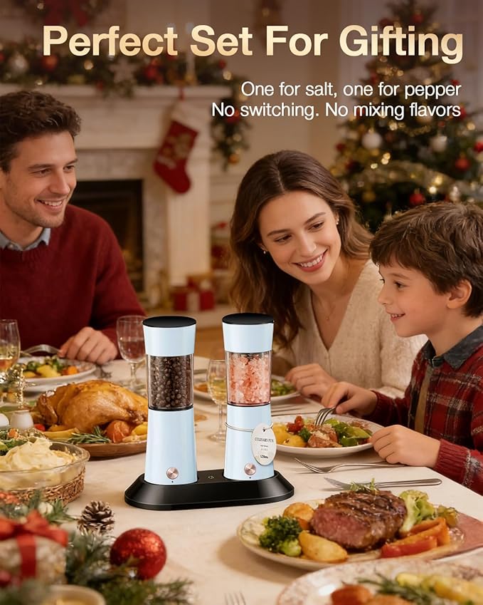 Gravity Electric Salt and Pepper Grinder Set 2-Pack - USB-C Rechargeable Base, Auto LED Light for BBQ/Camping, Adjustable Coarseness & Large Capacity - Stainless Steel (Morning Haze)