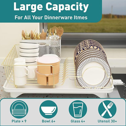 Buruis Dish Drying Rack for Kitchen Countertop, Large Capacity Gold Stainless Steel Dish Drainer with Anti-Slip Rubber Feet, Removable Drain Board and Utensil Holder (White Tray) - Image 4