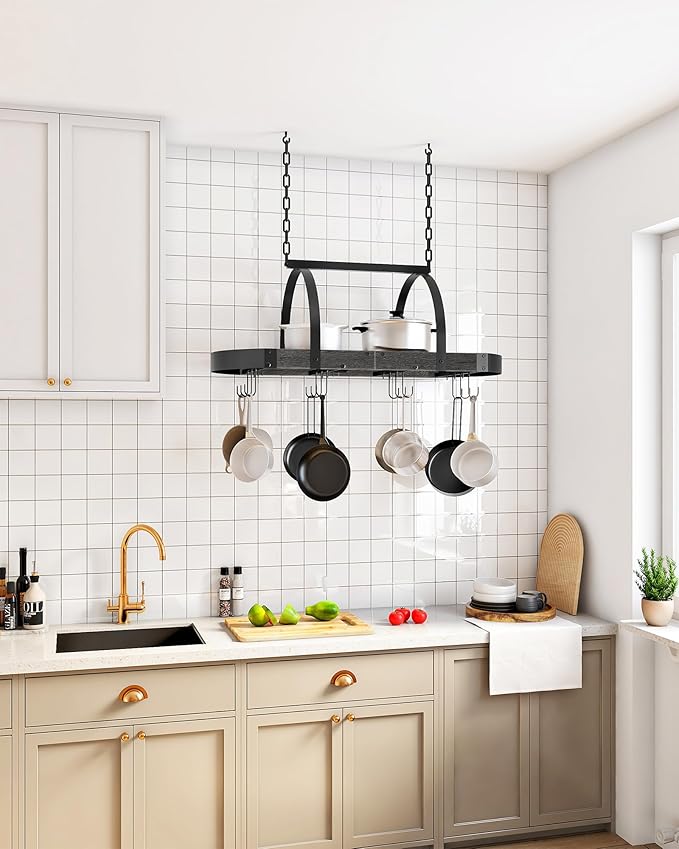 CHOEZON Hanging Pot Rack, Pot Hanger for Kitchen, Ceiling Mounted Pot Holder, Cookware Organizer with 12 S-Shaped Hooks, for Pot, Pan Storage, Space-Saving, Charcoal Black and Black TPR08BCC1 - Image 3