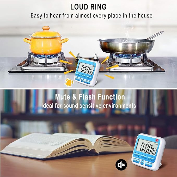 KTKUDY Digital Kitchen Timer with Mute/Loud Alarm Switch ON/Off Switch, 12-Hour Clock & Alarm, Memory Function Count Up & Count Down for Kids Teachers Cooking, Large LCD Display, Strong Magnet (Blue) - Image 3