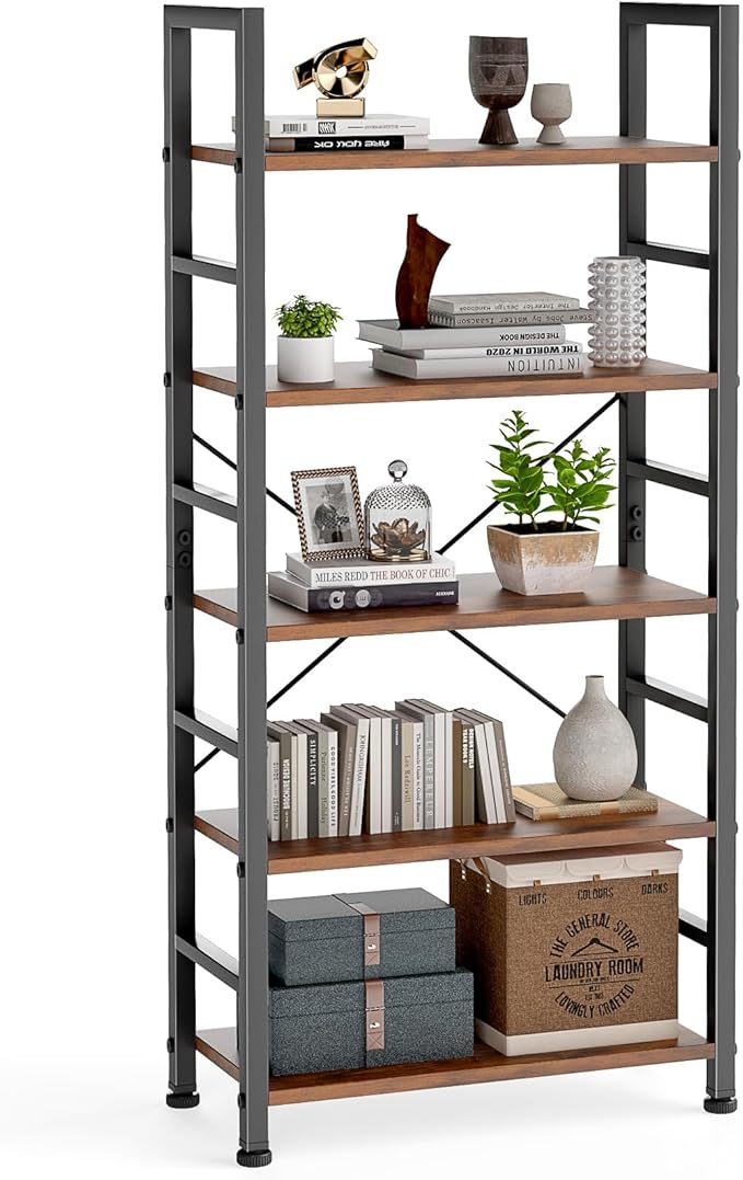DUMOS 5 Tiers Bookshelf, Classical Modern Book Shelf, Tall Display Shelves in Living Room/Home/Office, Storage Organizer for CDs/Books/Movies, Rustic Brown by DumosLifestyle