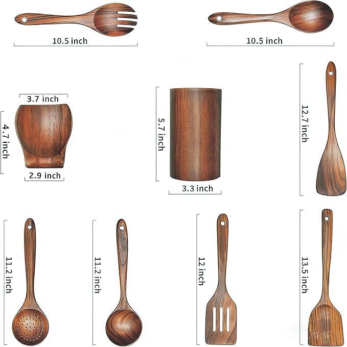 Wooden Spoons for Cooking,9 Pcs Teak Kitchen Utensil Set Wooden Cooking Utensils Wooden Spatula for Cooking - Image 3