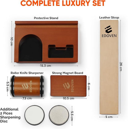 Premium Rolling Knife Sharpener Kit - Magnetic Manual Knife Sharpener with Diamond & Ceramic Discs, Two Extra Discs, Leather Strop & Stand, 15° & 20° Angle Guides, Gift for Chefs & Home Cooks - Image 2