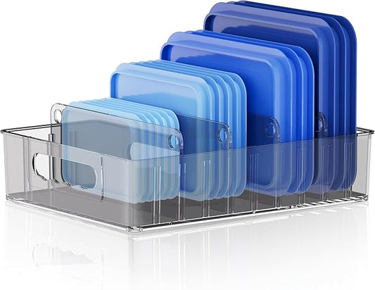 LYNG Lid Organizers Inside Cabinet, Clear Plastic Storage Lid Organizer With 4 Adjustable Dividers, Food Container Lid Organizer For Kitchen Pantry Grey by Unknown