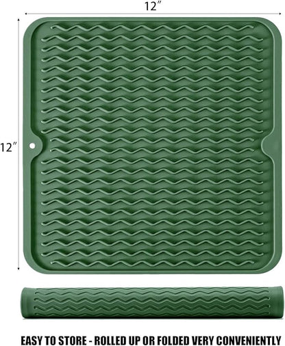 Silicone Dish Drying Mat for Multiple Usage, Easy clean, Eco-friendly, Heat-resistant Dish Drainer Mat for Kitchen Counter,Sink,Refrigerator or Drawer liner (12" x 12", Dark Green) - Image 2