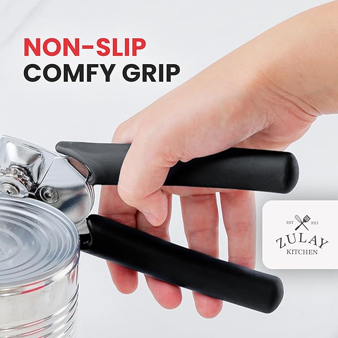 Zulay Kitchen Heavy Duty Stainless Steel Manual Can Opener – Ergonomic Soft Grip Handles, Smooth Edge Cutting Wheel & Large Built In Bottle Opener – Easy Turn Knob for Effortless Use - Black - Image 5