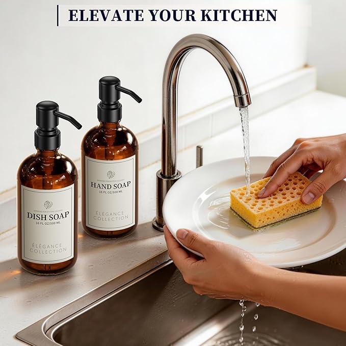 Amber Glass Soap Dispenser for Kitchen Sink and Bathroom - 2 Pack 16oz Slim Profile Bottles with Rust-Proof Stainless Steel Pump, Non-Slip Base & 14 Waterproof Labels for Home Organization - Image 6