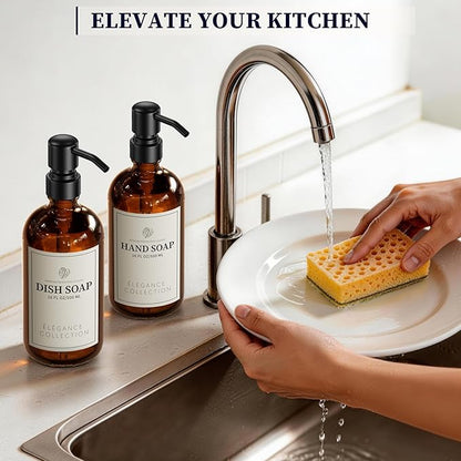Amber Glass Soap Dispenser for Kitchen Sink and Bathroom - 2 Pack 16oz Slim Profile Bottles with Rust-Proof Stainless Steel Pump, Non-Slip Base & 14 Waterproof Labels for Home Organization - Image 6