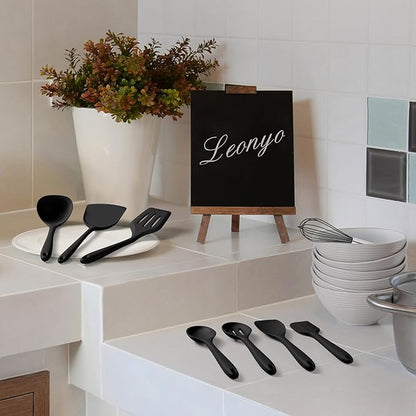 Silicone Cooking Utensils Set of 10, Leonyo Black Kitchen Utensils Set for Cooking, 446°F Heat Resistant Silicone Kitchen Tools with Turner Spatula, Soup Ladle, Serving Spoons for Nonstick Cookware
