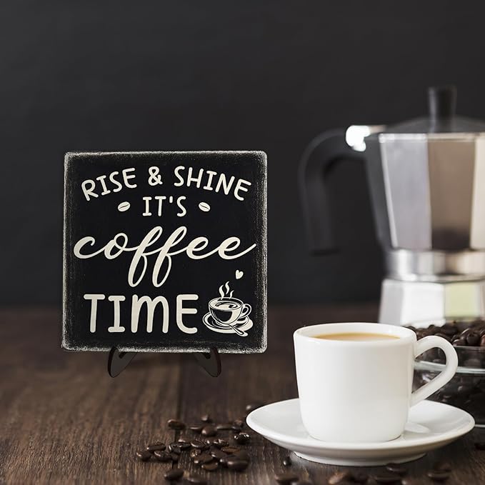 Farmhouse Coffee Bar Sign, Rise & Shine It's Coffee Time Desk Wooden Sign, 5.9"x5.9" Wood Plaque with Stand Gift for Home Kitchen Tabletop Decor,Cafe Bar Decor(Black) - Image 5