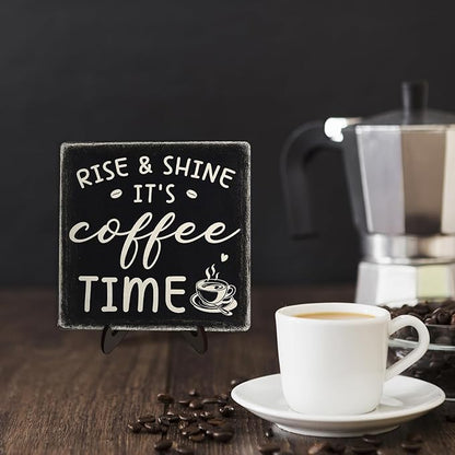 Farmhouse Coffee Bar Sign, Rise & Shine It's Coffee Time Desk Wooden Sign, 5.9"x5.9" Wood Plaque with Stand Gift for Home Kitchen Tabletop Decor,Cafe Bar Decor(Black) - Image 5