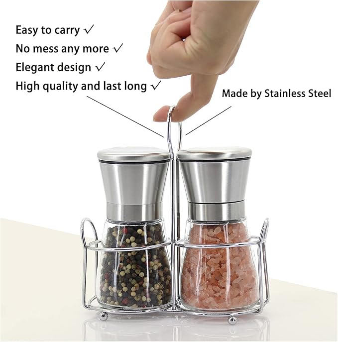 Premium Stainless Steel Salt and Pepper Grinder Set - Short Glass Shaker, Pepper Mill & Salt Mill with Adjustable Coarseness, Refillable for Himalayan or Sea Salt, Black Peppercorn, with Bonus Stand - Image 6