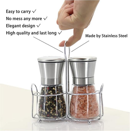 Premium Stainless Steel Salt and Pepper Grinder Set - Short Glass Shaker, Pepper Mill & Salt Mill with Adjustable Coarseness, Refillable for Himalayan or Sea Salt, Black Peppercorn, with Bonus Stand - Image 6