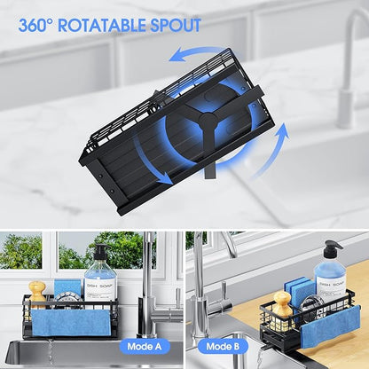 Kitchen Sink Sponge Holder, Rustproof Non-Slip Self-Draining Metal Sink Caddy with Detachable Dish Cloth Holder (Black) - Image 4