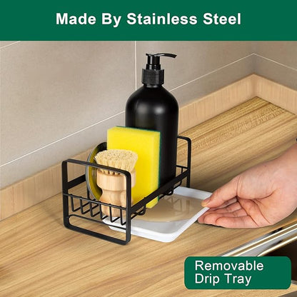 TEZZ Sponge Holder for Kitchen Sink- Stainless Steel Kitchen Sink Caddy for Organizing Sponge, Brush & Soap Dish Dispenser, coutertop Organizer Rack with Adhesive or Counter top, Black - Image 3