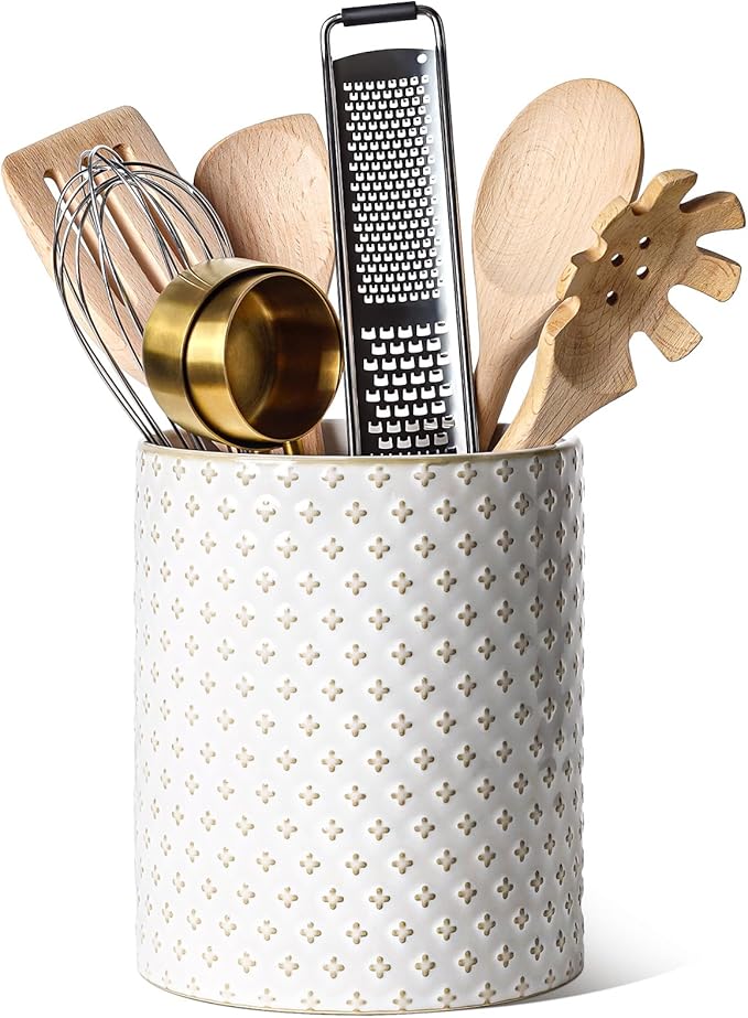 LE TAUCI Utensil Holder for Kitchen Counter - 7.1" Large Ceramic Kitchen Utensil Holder, Embossed Cooking Utensil Crock for Spatula, Spoon - Farmhouse Kitchen Decor & Organizer, White, Clover by LETAUCI