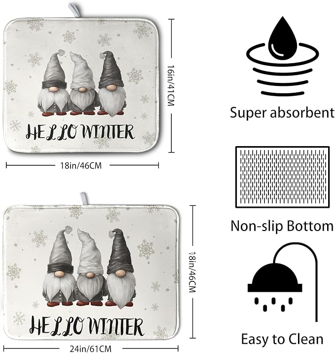 Winter Gnome Dish Drying Mat for Kitchen Counter 18x24 Christmas Snowflakes Santa Kitchen Drying Mat Hello Winter Dish Drainer Mat Super Absorbent Dish Rack Mat for Coffee Bar Countertop - Image 2