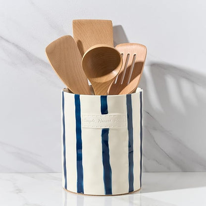 JIEMEI HOME Kitchen Utensil Holder, 7.2" Ceramic Stable Utensil Crock for Countertop, Modern Minimalism Style Cooking Tool Organizer with Cork Mat, Spatula Holder For Kitchen Decor, Blue stripes by JHJIEMEIHOME