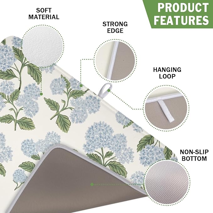 Blue Hydrangea Floral Dish Drying Mat for Kitchen Counter Spring Summer Vintage Flower Microfiber Dish Drainer Mat Rustic Farmhouse Absorbent Washable Drying Pad 16"x18"