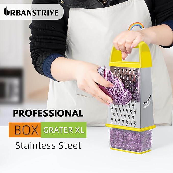 Urbanstrive Cheese Grater With Container, Professional Cheese Grater with Handle, Stainless Steel Graters for Kitchen Handheld, Box Grater with 4 Sides for Vegetables, Ginger, Potatoes (Yellow) - Image 5