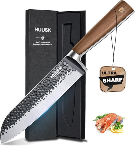 Huusk Santoku Knife 7 Inch Japanese Kitchen Knife Hand Forged Chopping Knives Razor Sharp Chef Knife for Vegetables Meat Home Cooking with Premium Present Box for Dad Mom by HuuskKnife