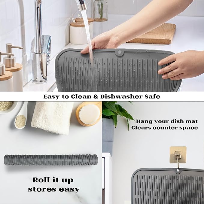 ZLR Large Silicone Dish Drying Mat (16" x 18") - XL Heavy Duty Drainboard Mat for Pots, Pans & Family Loads - Heat Resistant Trivet & Counter Protector, Easy Clean (Dark Gray) - Image 4