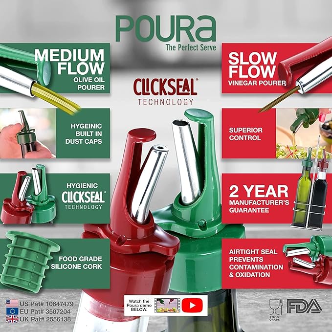 Poura Vinegar and Olive Oil Bottle Drizzler Set with ClickSeal BPA Free Pour Spouts | Glass Oil & Vinegar Dispenser Bottles for Cooking & Dining | Hygienic Covers + Silicone Decanter Funnel 250ml