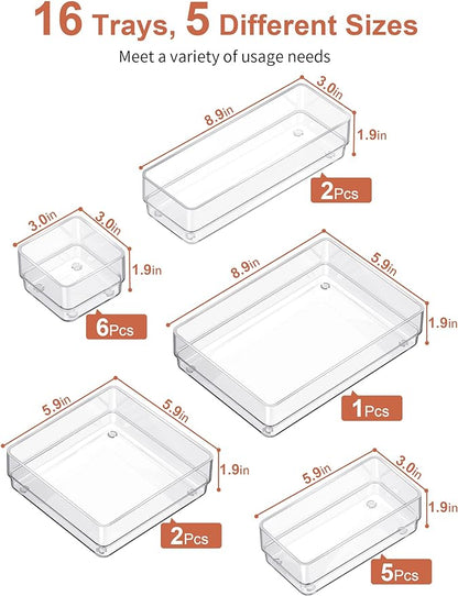 SMARTAKE 16-Piece Drawer Organizer with Non-Slip Silicone Pads, 5-Size Desk Storage Tray for Makeup, Jewelries, Utensils in Bedroom Dresser, Office and Kitchen, Clear - Image 2