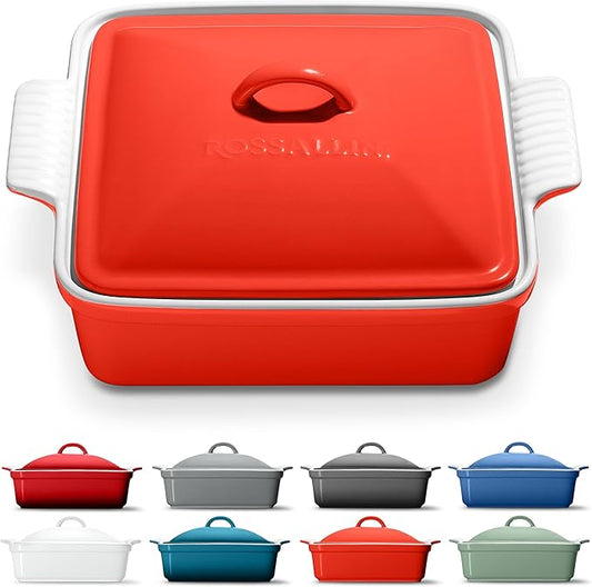ROSSALLINI Stoneware Casserole Dish Bakeware with Lid | Covered Square Dinnerware | Medium 2 Quart, [Passion Red]