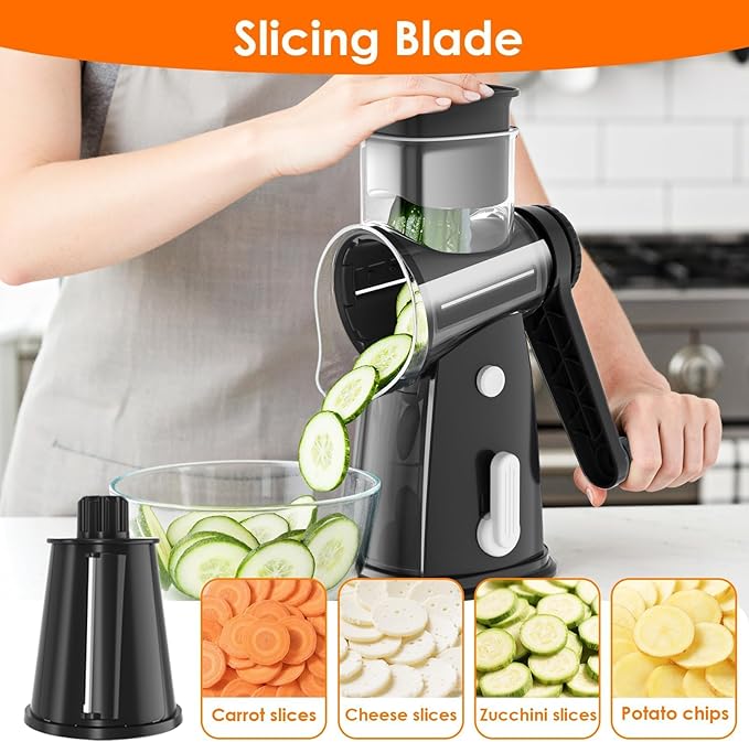 MealHelper 5 Blade Rotary Cheese Grater and Vegetable Chopper with Storage Box and Hand Crank, Compact Shredder for Cheeses, Veggies, Nuts - Easy to Use, Non-slip Suction Base,Black - Image 3