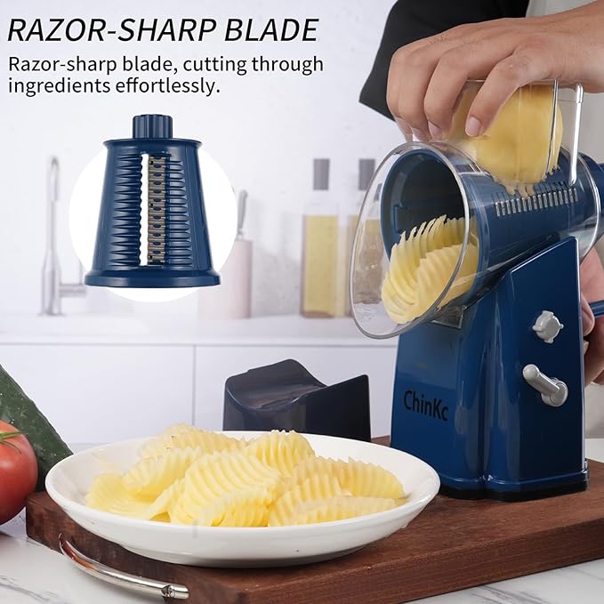 Upgrade Rotary Cheese Grater Shredder with Handle, Strong Suction Base, Multi-purpose Rotary Grater Slicer with 5 Interchangeable Blades for Ice, Vegetables, Fruit, Nuts with Blade Storage Box - Image 7