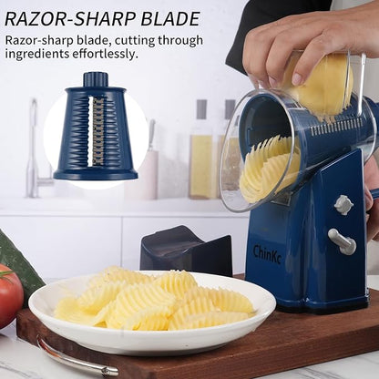Upgrade Rotary Cheese Grater Shredder with Handle, Strong Suction Base, Multi-purpose Rotary Grater Slicer with 5 Interchangeable Blades for Ice, Vegetables, Fruit, Nuts with Blade Storage Box - Image 7