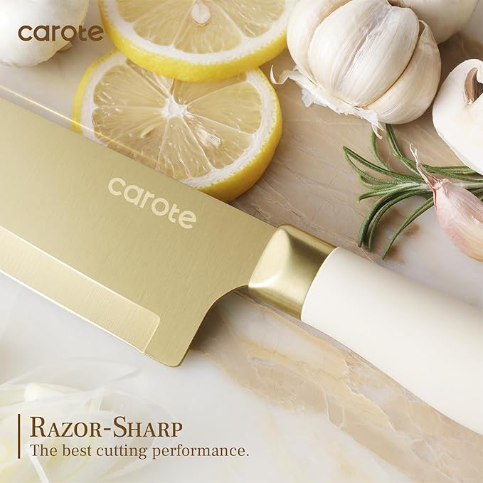CAROTE 12PCS Kitchen Knife Set, Healthy Gold Titanium Coating Knife Set, Dishwasher Safe with 6 Blade Guards, Rustproof Stainless Steel Cutlery Set, White and Gold - Image 3