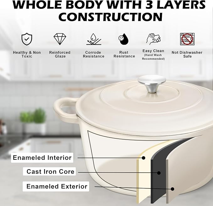 TeamFar 6Qt Dutch Oven, Enameled Cast Iron Dutch Oven Pot with Lid & Dual Handles for Bread Baking, Cooking, Simmer, Non Toxic & Heavy Duty, Oven Safe & Various Stovetops Suitable - Cream White - Image 4