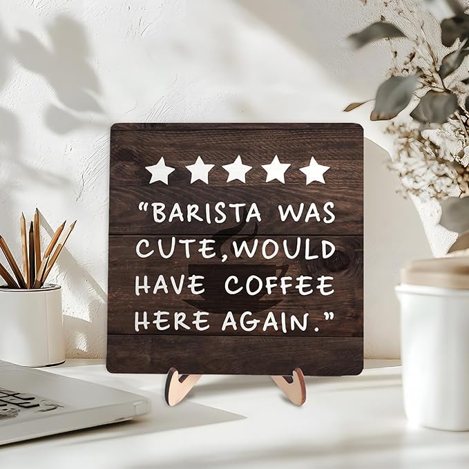 Coffee Bar Sign Plaque Decor,Coffee Bar Accessories,Rustic Wooden Tabletop Plaque with Stand, Minimalist Farmhouse Kitchen Counter Sign,Cute Mini Café Bar Decor Gift 5.9x5.9Inch - Image 3