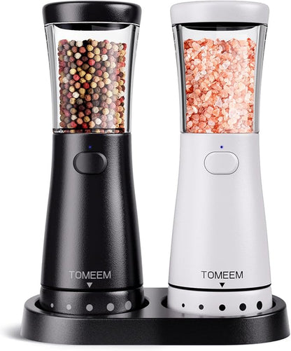Electric Salt and Pepper Grinder Set with Storage Base, Stainless Steel Rechargeable Salt and Pepper Grinder Set with 4.5 oz Large Capacity, 1.8" Wide Mouth, Adjustable Coarseness, Ideal for Kitchen by Tomeem
