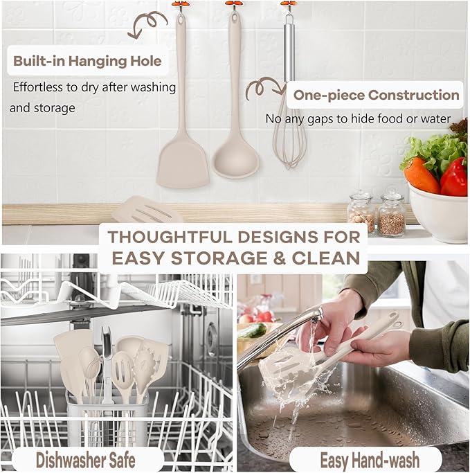 TeamFar Kitchen Cooking Utensils, 10 pcs Silicone Cooking Utensils Set, 446°F Heat Resistant Kitchen Gadgets Tools Set w/Spatula, Turners, Spoons, Soup Ladle, Pasta Server for Nonstick Cookware, Khaki - Image 4