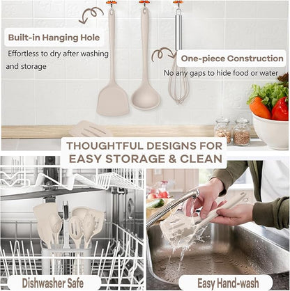 TeamFar Kitchen Cooking Utensils, 10 pcs Silicone Cooking Utensils Set, 446°F Heat Resistant Kitchen Gadgets Tools Set w/Spatula, Turners, Spoons, Soup Ladle, Pasta Server for Nonstick Cookware, Khaki - Image 4