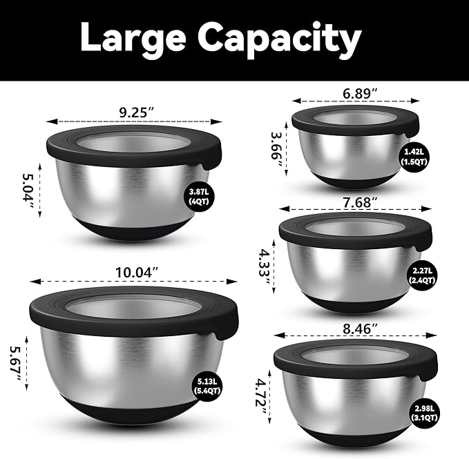 KITEISCAT Stainless Steel Mixing Bowls with Lids – Set of 5 Large Nesting Metal Bowls for Kitchen, Baking, Cooking, Food Prep & Storage, Non-Slip Base, Dishwasher Safe,Black - Image 2