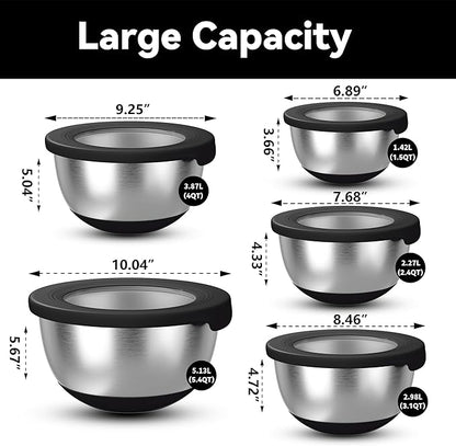 KITEISCAT Stainless Steel Mixing Bowls with Lids – Set of 5 Large Nesting Metal Bowls for Kitchen, Baking, Cooking, Food Prep & Storage, Non-Slip Base, Dishwasher Safe,Black - Image 2