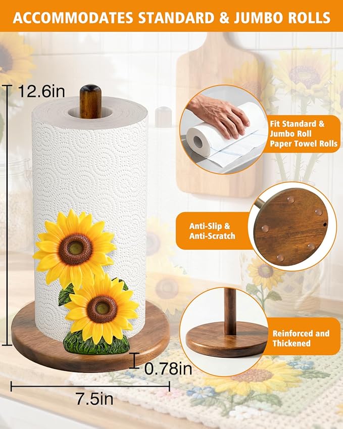 Sunflower Paper Towel Holder, Yellow Sunflower Kitchen Decor for Countertop, Gifts for Women Mom Grandma, Wooden Stand with 3D Resin Floral Accent, Non-Slip Base, Fits Standard & Jumbo Rolls