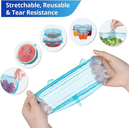 Silicone Stretch Lids, Zero Waste Reusable Silicon Container Lid Covers for Leftover Food Fruit Bowls Pots Cups Jars Dishes, 12PCS