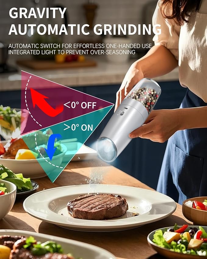 CIRCLE JOY Gravity Electric Salt and Pepper Grinder Set with 2-Speed, Rechargeable Salt and Pepper Grinder Set, Adjustable Coarseness, Whiet LED Light - Image 5