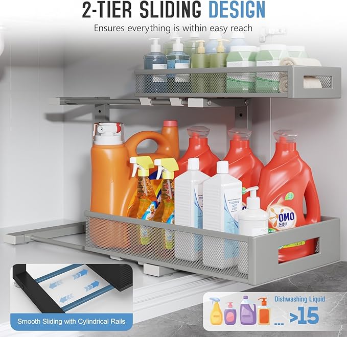 2 Pack 17IN Depth Under Sink Storage Organizer, Large 2-Tier Elegant Mesh Pull Out Shelf for Kitchen and Bathroom Cabinet Organization, L-Shaped and Adjustable Height Design-Gun Gray - Image 5
